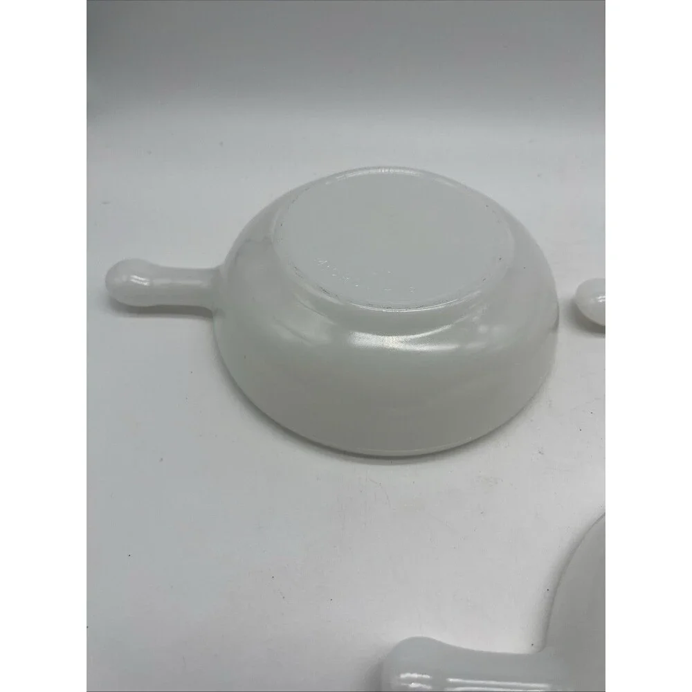 Vintage Glasbake Soup Bowls White Milk Glass Handled Crocks, Set of 3 With Lids